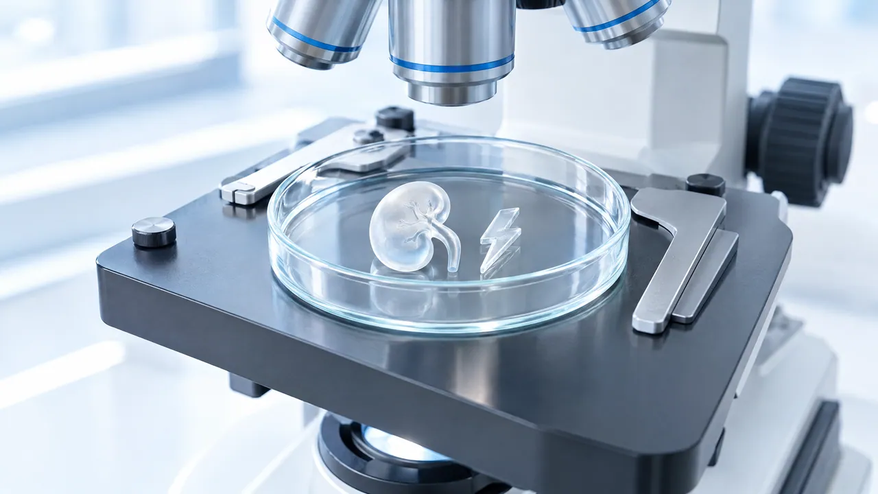 Close-up of a microscope stage with a petri dish holding a small frosted glass kidney and a tiny glass lightning bolt