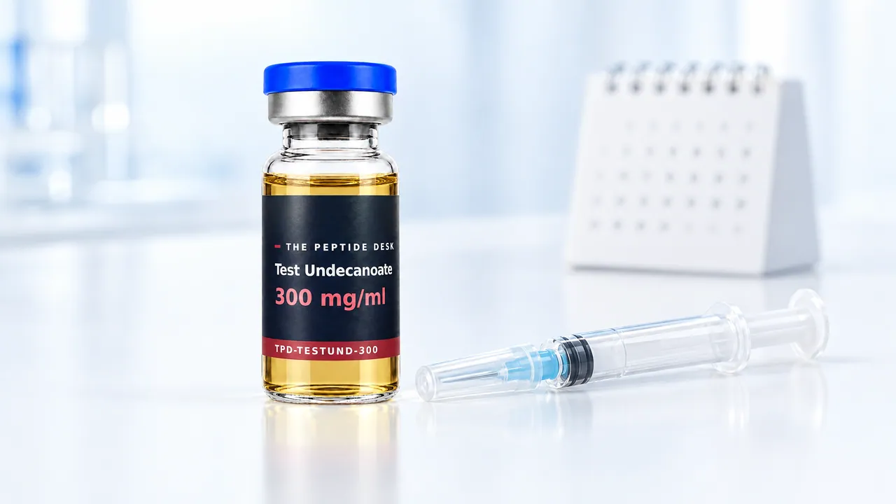 Glass vial with golden oil and a black TPD label, a disposable syringe in front, a white desk calendar in the background