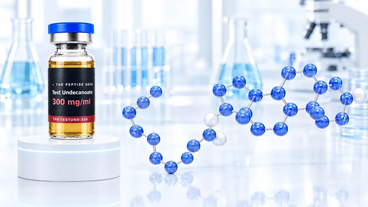 Glass vial with golden oil and a black TPD label on a white podium, next to it a large blue 3D steroid molecule with a long ester chain in a bright lab