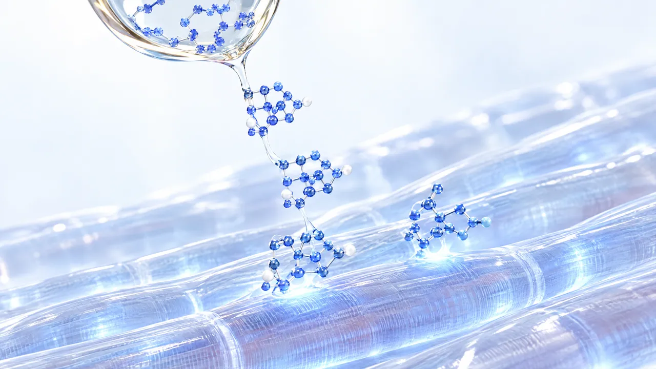 Blue 3D molecules leave a glass droplet one by one and sink onto bright, blue glowing muscle fibres