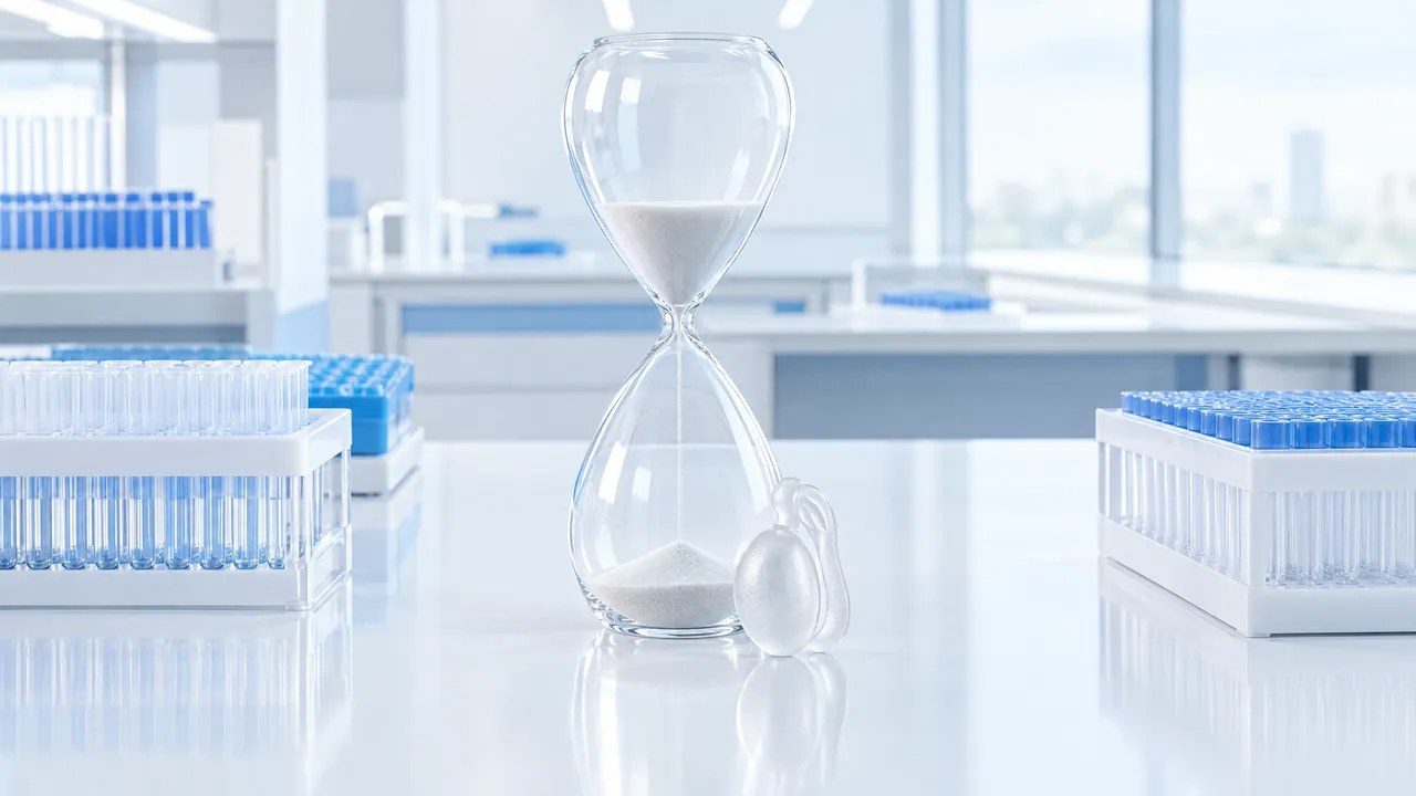 Hourglass with white sand on a bright lab bench between two racks of sample tubes