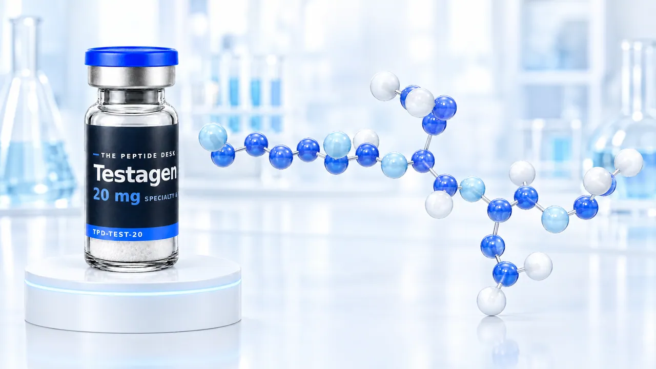 Testagen vial with white powder and the black TPD label on a white podium with a glowing ring, next to a short branched blue 3D molecule chain in a bright lab