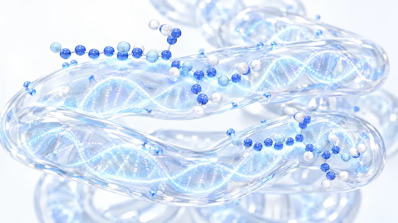 Coiled translucent glass tubes with a glowing DNA double helix inside, short blue 3D molecule chains resting on them