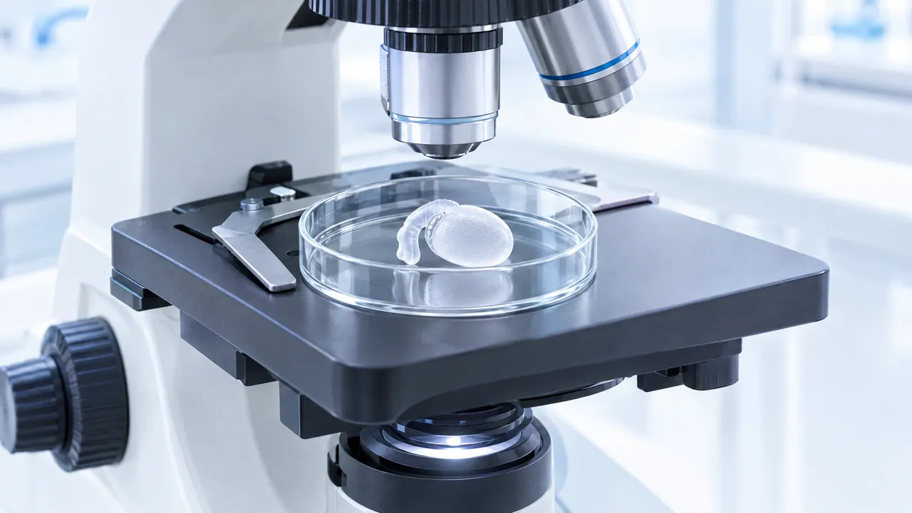 Microscope in a bright lab, on the stage a petri dish with a small organ model of frosted glass