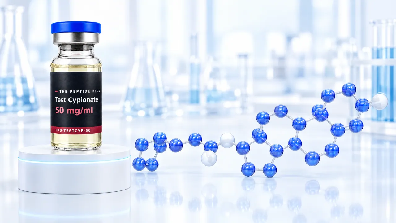 Glass vial with clear pale yellow oil and a black TPD label on a white podium, next to it a blue 3D steroid molecule with an ester chain in a bright lab