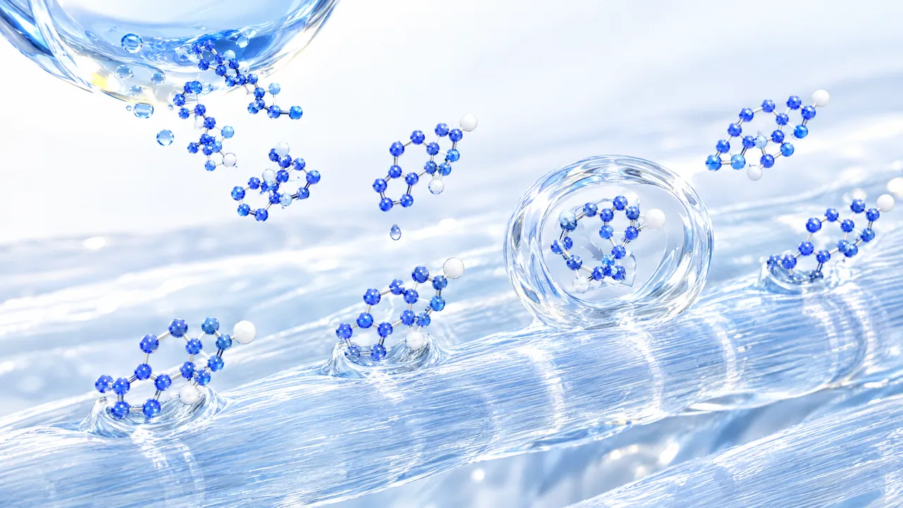 Blue 3D molecules float from a glass sphere onto bright, blue shimmering fibres, one of them inside a clear bubble