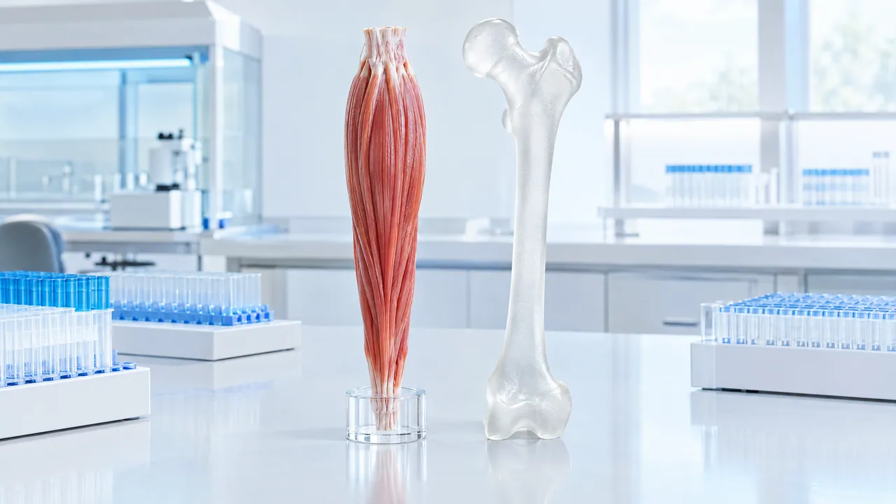 Red muscle model and translucent thigh bone side by side on a bright lab bench, next to sample tubes