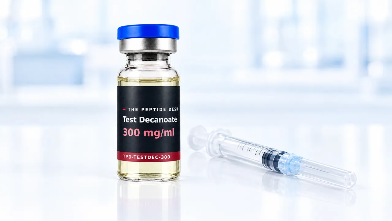 Glass vial with golden oil and a black TPD label, a disposable syringe in front, symbolic image