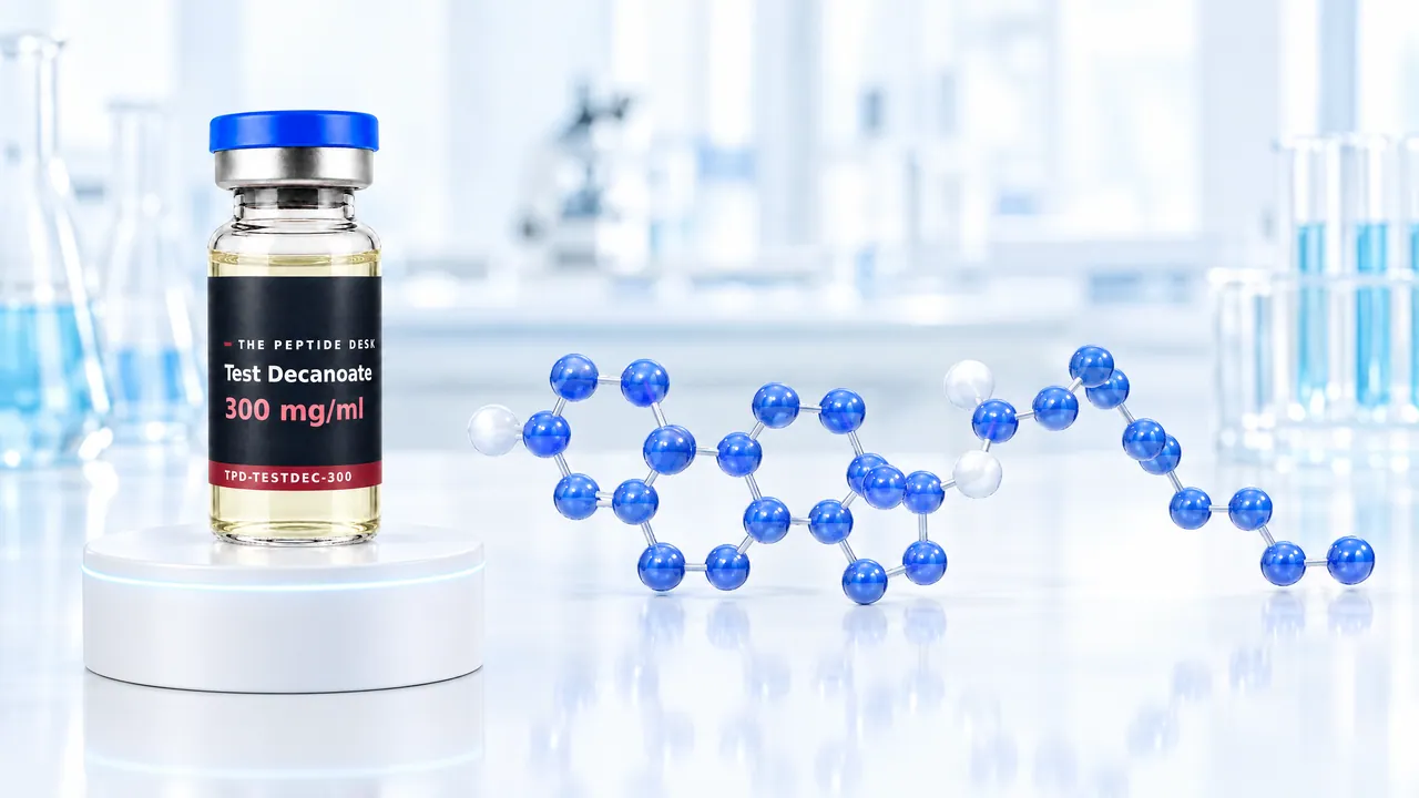 Glass vial with golden oil and a black TPD label next to a blue 3D steroid molecule with a long ester chain, symbolic image for Testosterone Decanoate