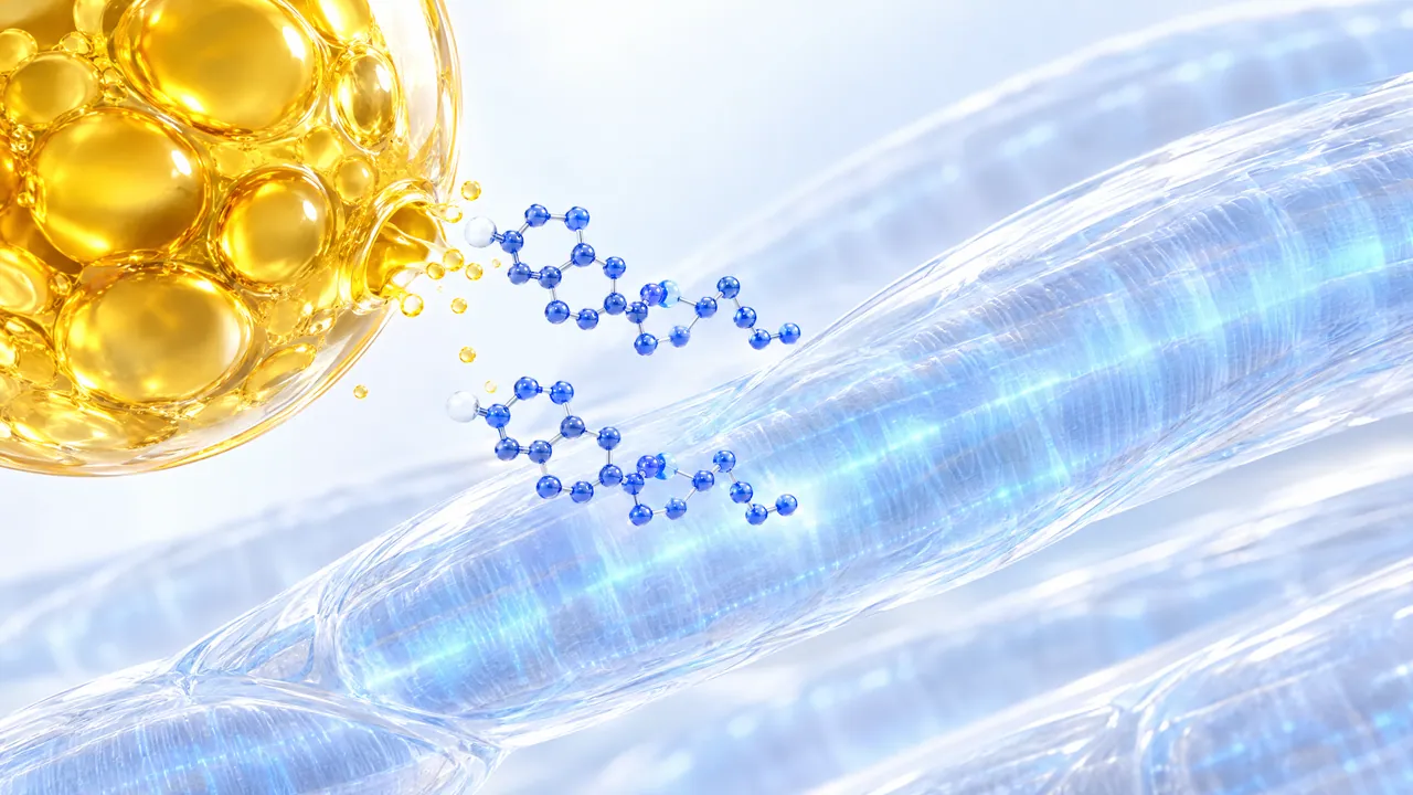 Blue 3D molecules slowly leave an oil droplet and reach bright muscle fibres, symbolic image
