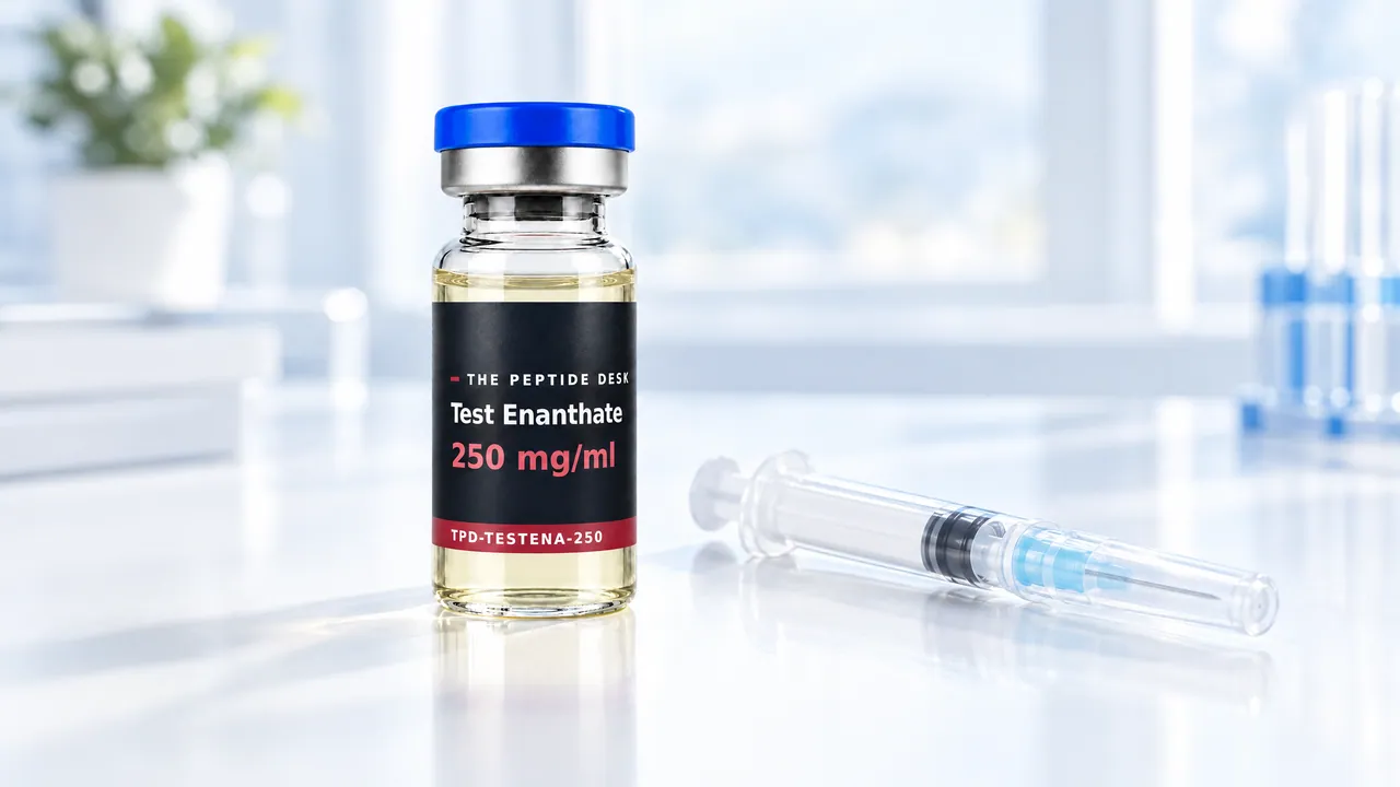 Glass vial with golden oil and the black TPD label, next to a disposable syringe on a bright surface