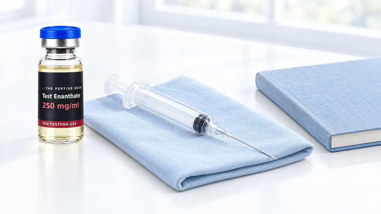 Testosterone enanthate vial with a 3 ml syringe on a light blue cloth and a closed notebook