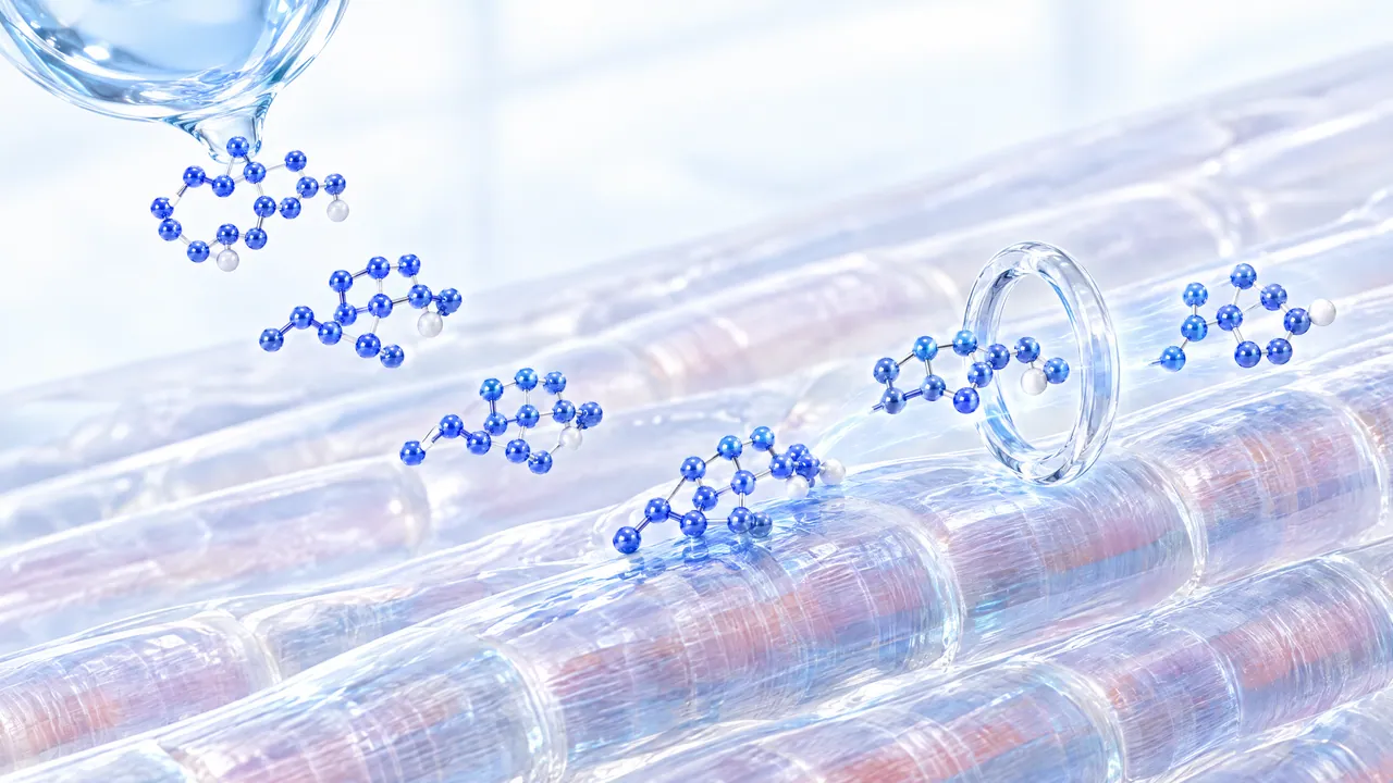 Blue 3D molecules flowing out of a glass vessel over translucent muscle fibres, one gliding through a glass ring