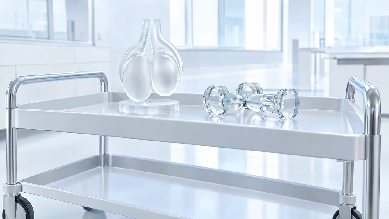Glass organ model and a glass dumbbell on a stainless steel lab trolley