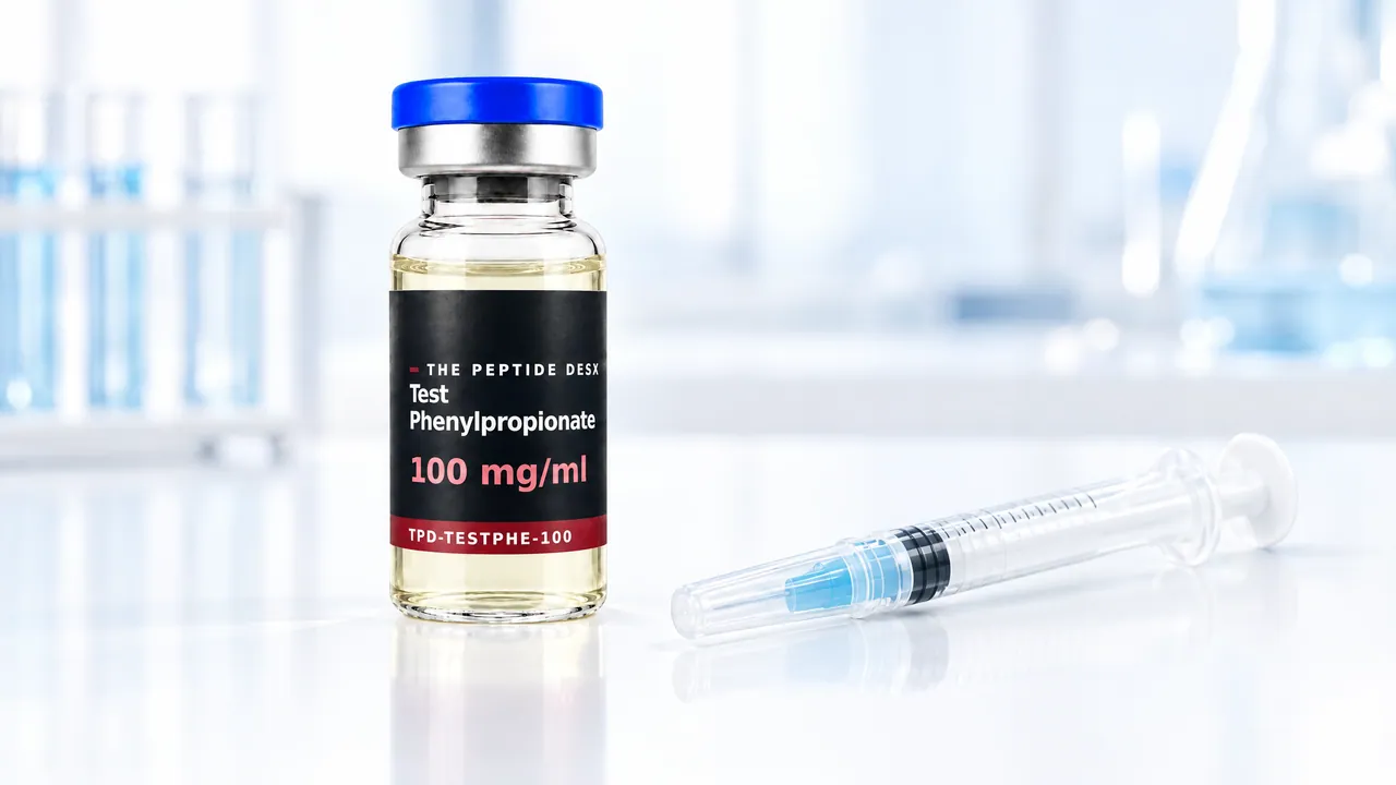 Glass vial with pale yellow oil and a black TPD label, a disposable syringe in front, symbolic image