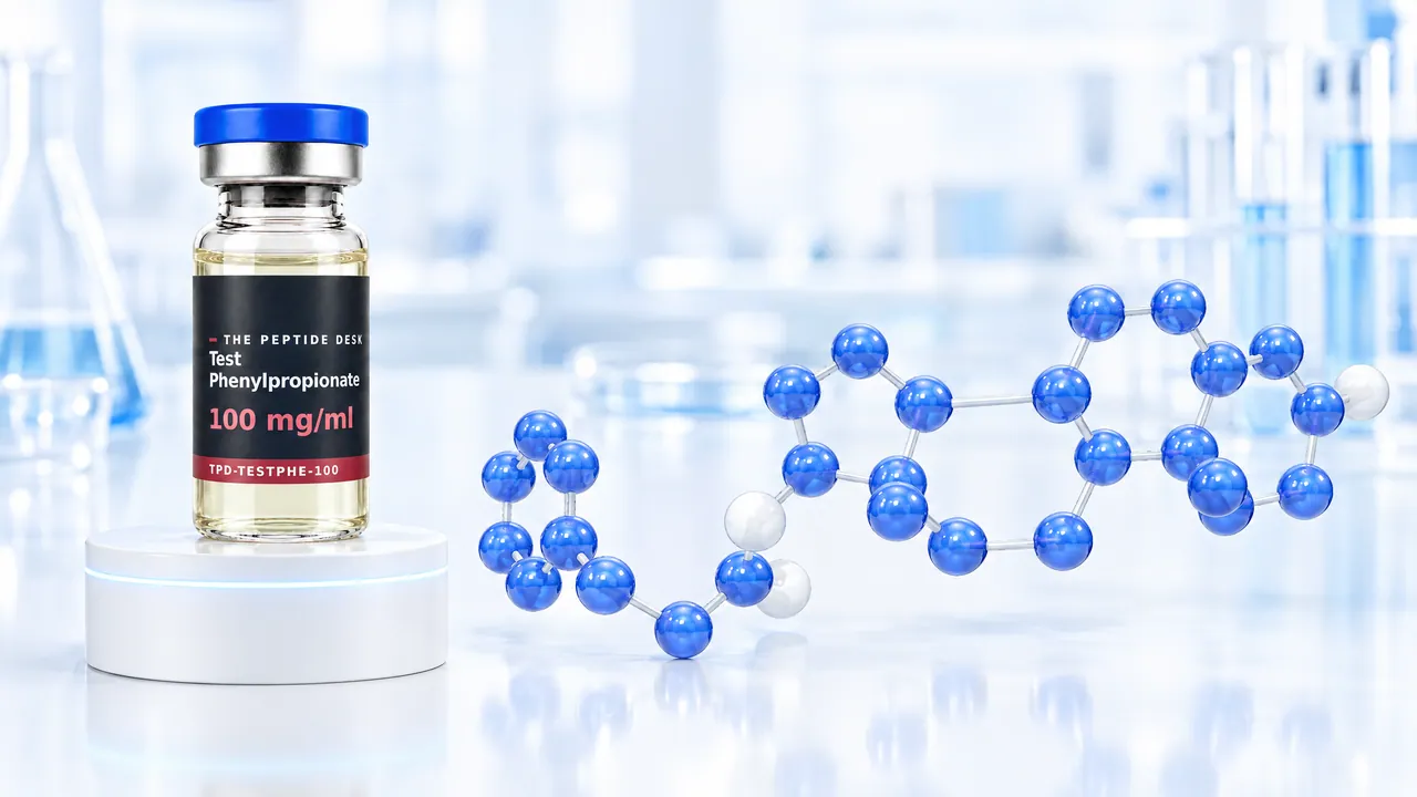 Glass vial with pale yellow oil and a black TPD label next to a blue 3D steroid molecule with an ester chain and ring, symbolic image for Testosterone Phenylpropionate