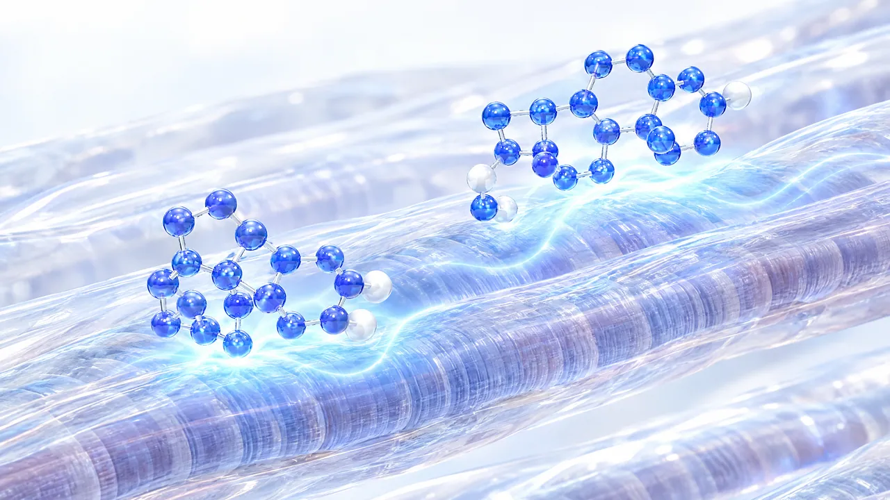 Blue 3D molecules leave an oil droplet and reach bright muscle fibres, symbolic image