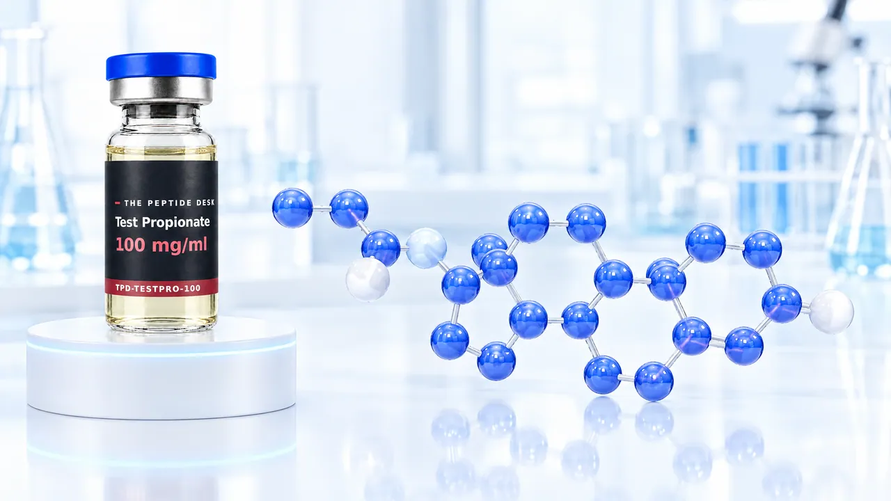 Glass vial with pale yellow oil and a black TPD label on a white podium, next to it a large blue 3D steroid molecule with a short ester chain in a bright lab