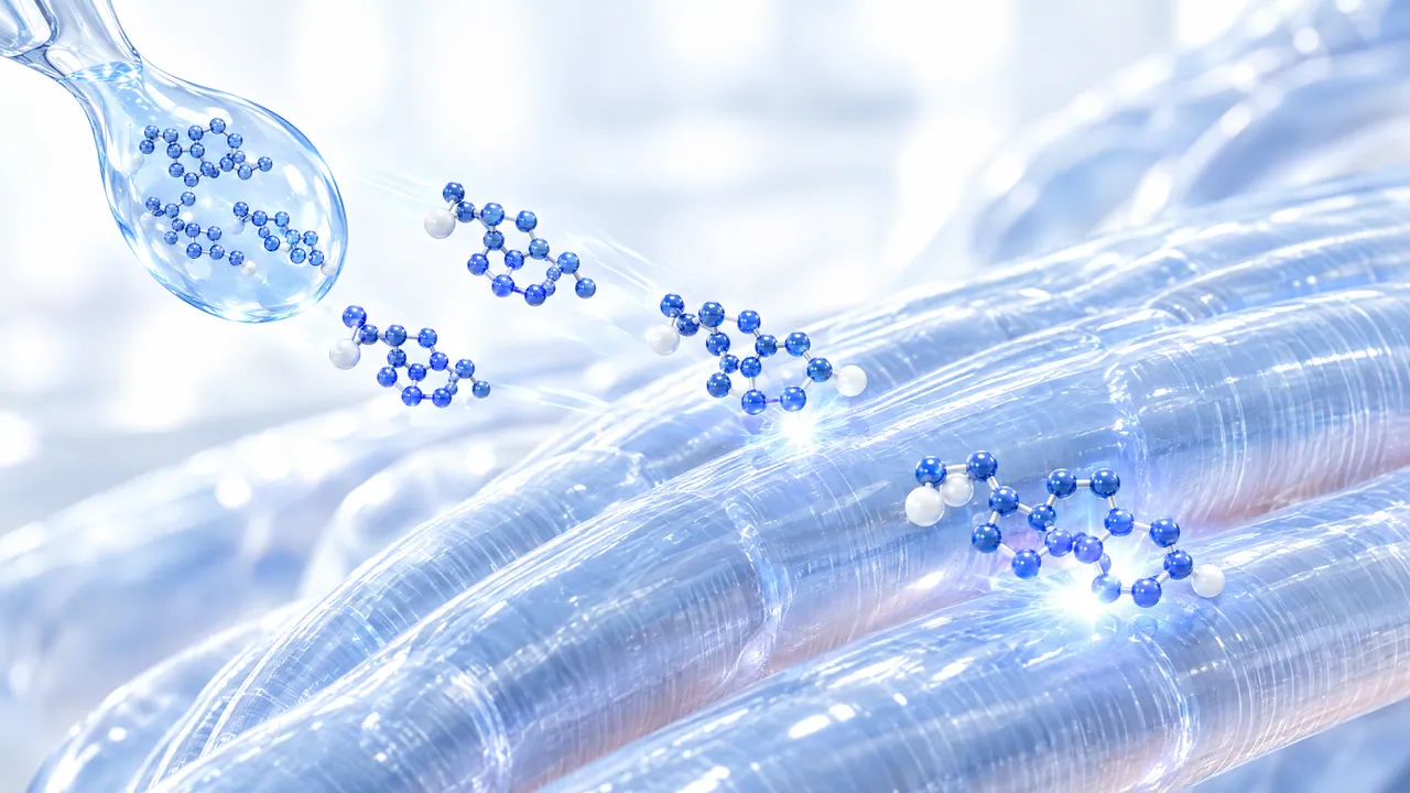 Blue 3D molecules quickly leave a glass droplet and land glowing on bright, blue shimmering muscle fibres