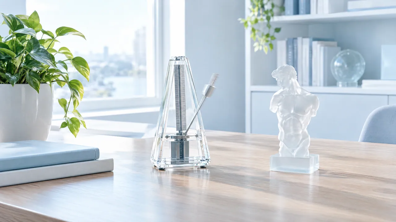 Glass metronome on a wooden table in a bright room, next to it a milky white torso sculpture and a green plant