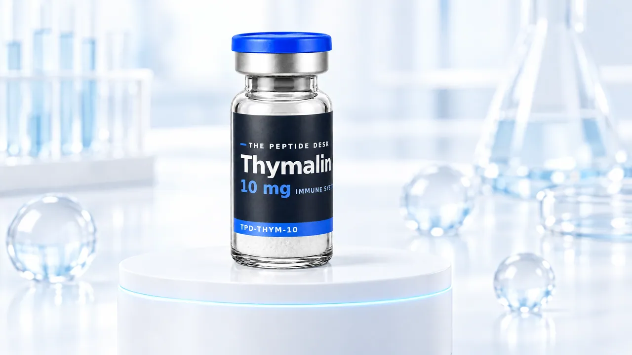 Thymalin vial with white powder and the black TPD label on a white podium with a glowing ring, surrounded by glass spheres in a bright lab