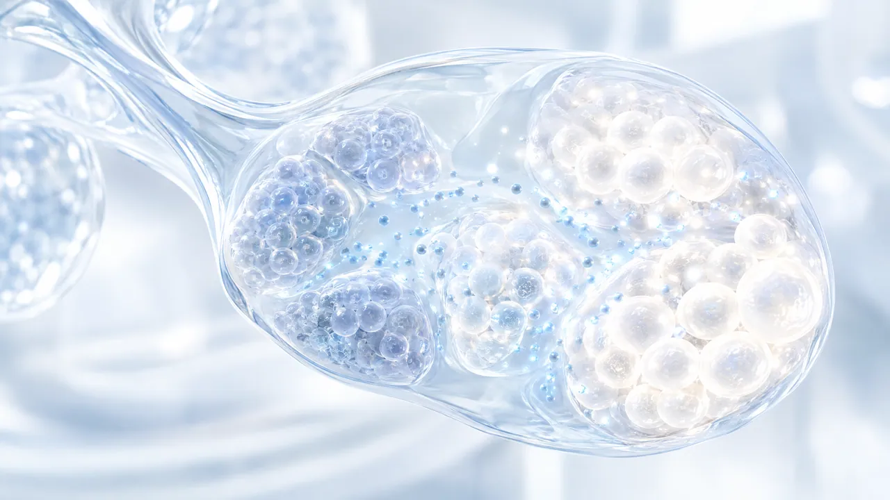 Translucent glass gland lobe with clusters of small round cells, blue particles floating between them, part of the cells glowing brightly
