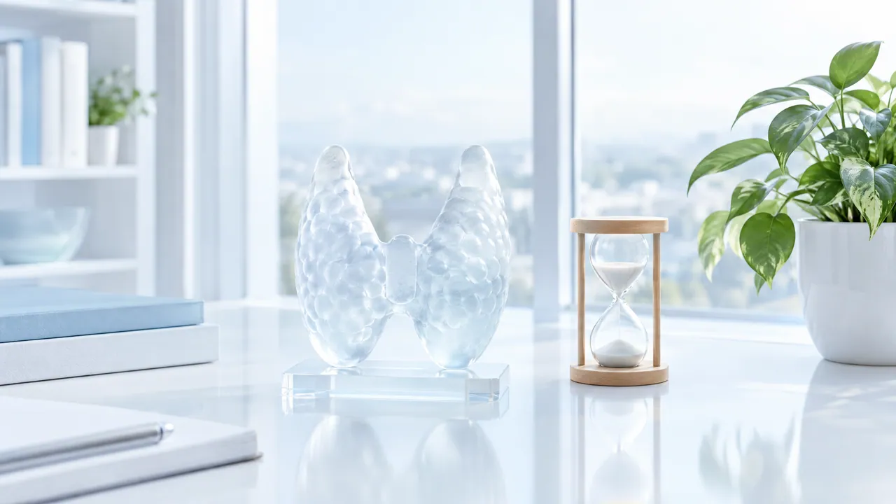 Two-lobed gland of frosted glass on a glass base next to an hourglass and a green plant at a bright window