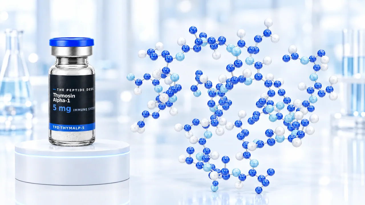 Thymosin Alpha-1 vial with the black TPD label on a white podium, next to a large molecule model of blue and white spheres in a bright lab