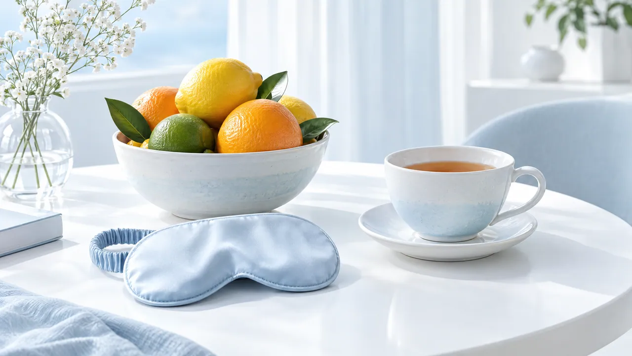 Bowl of lemons and oranges, a cup of tea and a light blue sleep mask on a white table