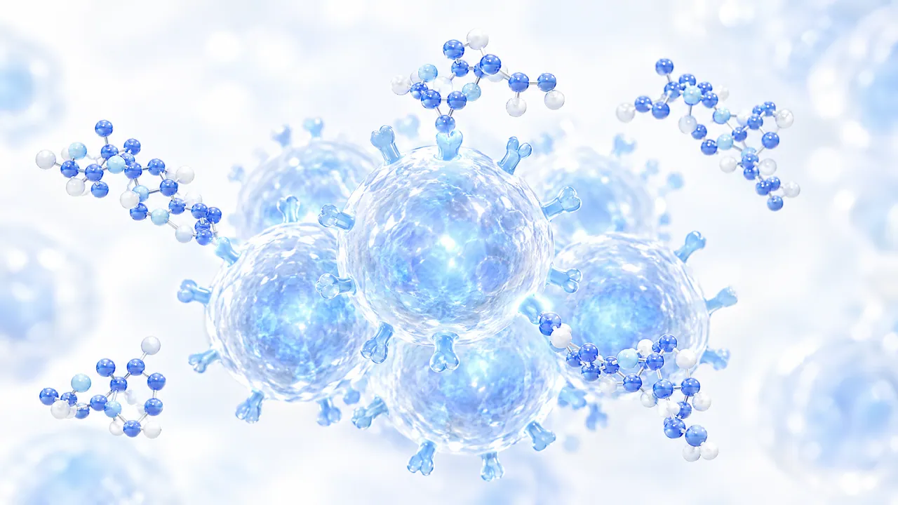 Glowing blue immune cells with short projections, surrounded by blue 3D peptide chains