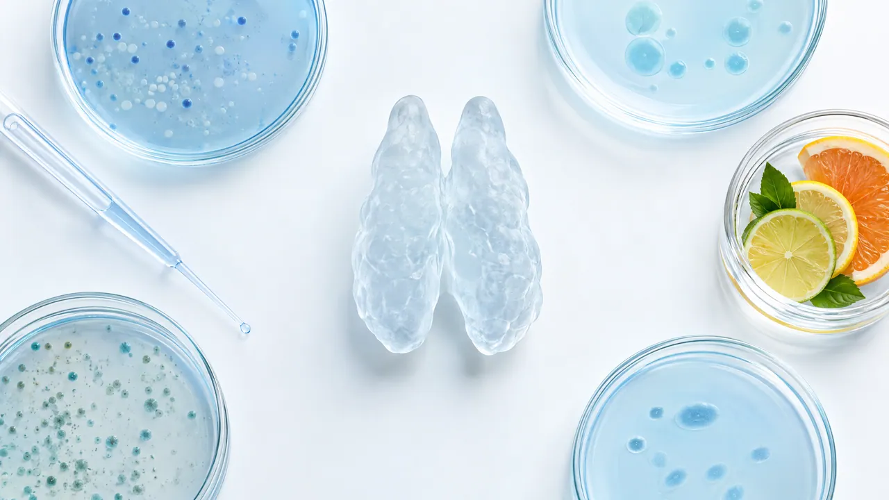 Petri dishes with blue cultures, a glass thymus with two lobes in the middle, next to a pipette and citrus slices