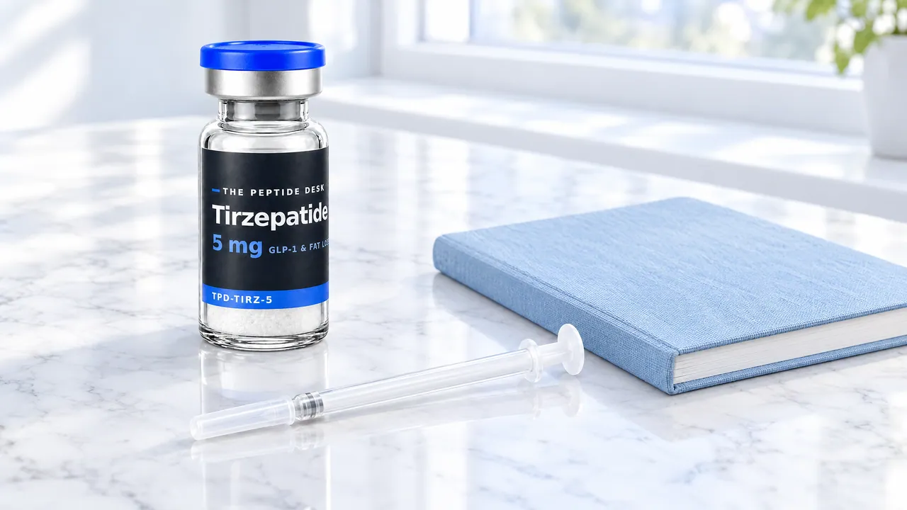 Tirzepatide vial on a light marble counter with an insulin syringe and a closed light blue notebook