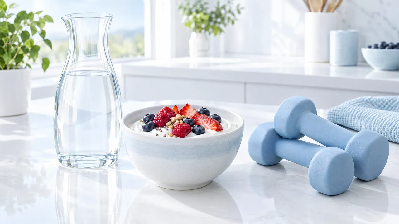 Carafe of water, a bowl of yogurt with berries and two light blue dumbbells on a bright kitchen counter