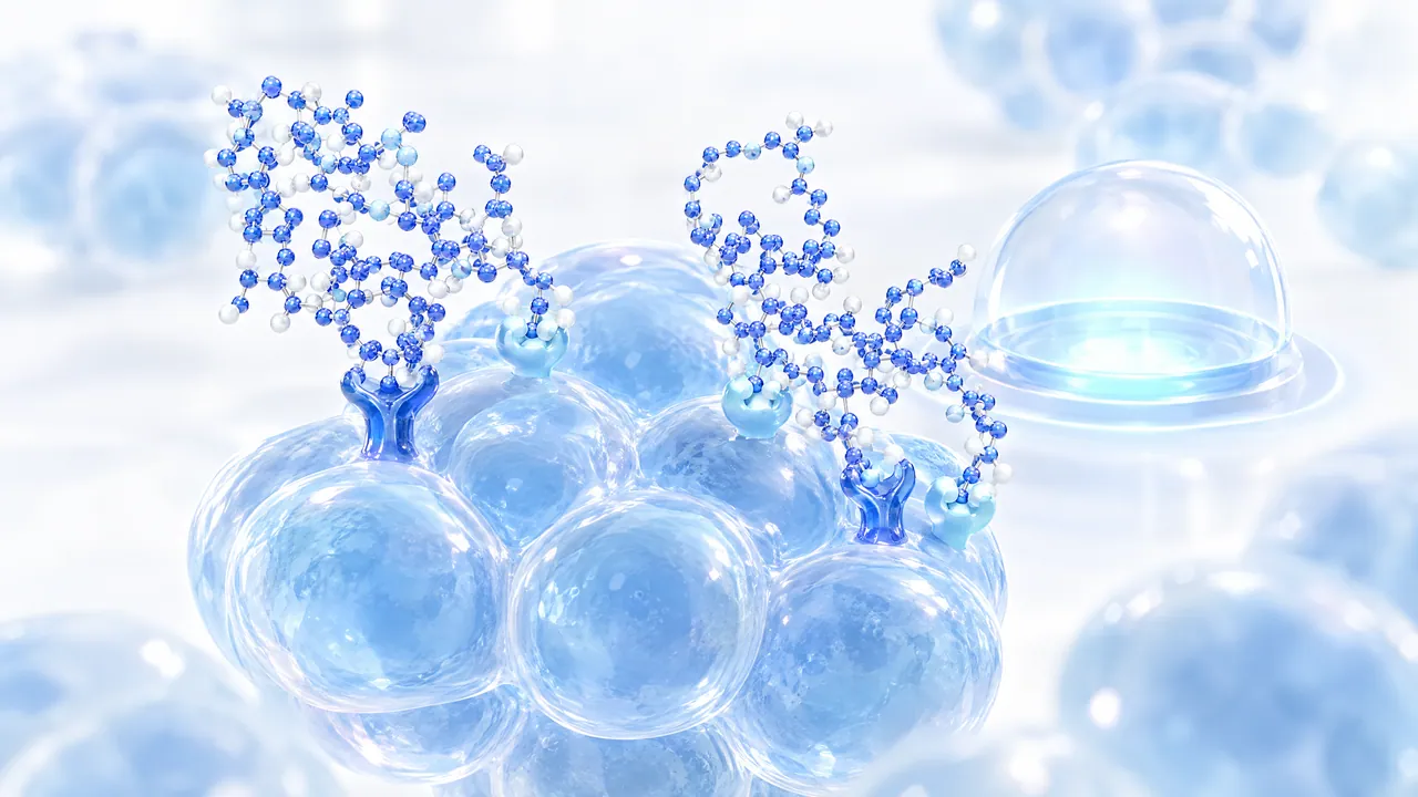Blue 3D peptide chains docking onto receptors on a cluster of translucent blue cells