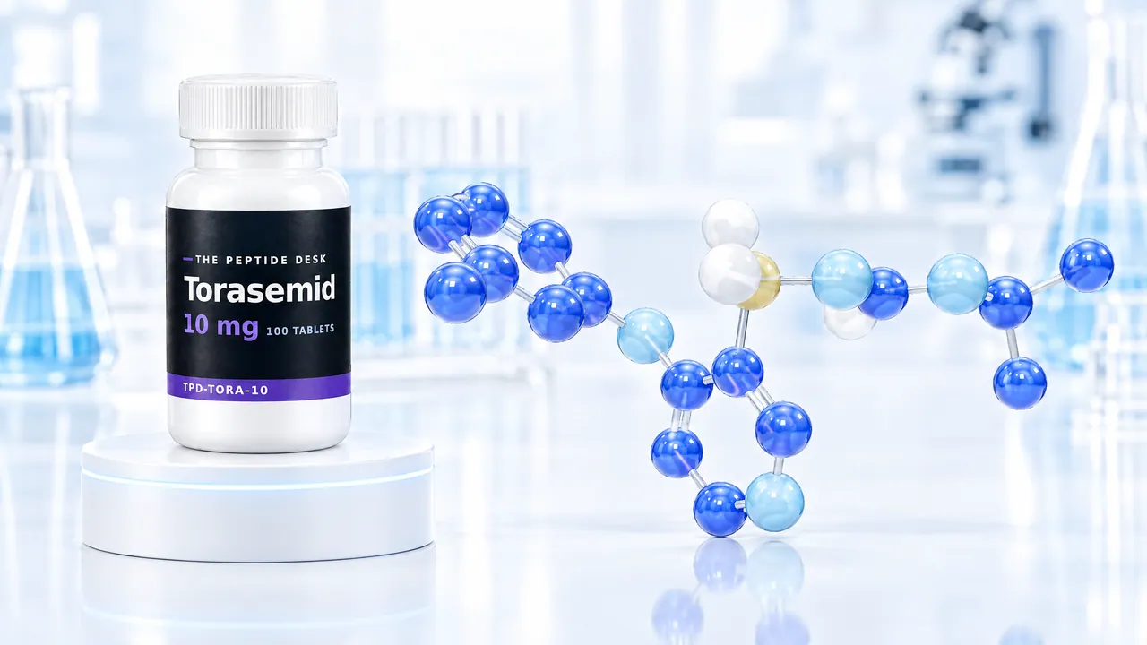 White tablet bottle with a black TPD label for torsemide on a white podium, next to it a large blue 3D molecule in a bright lab
