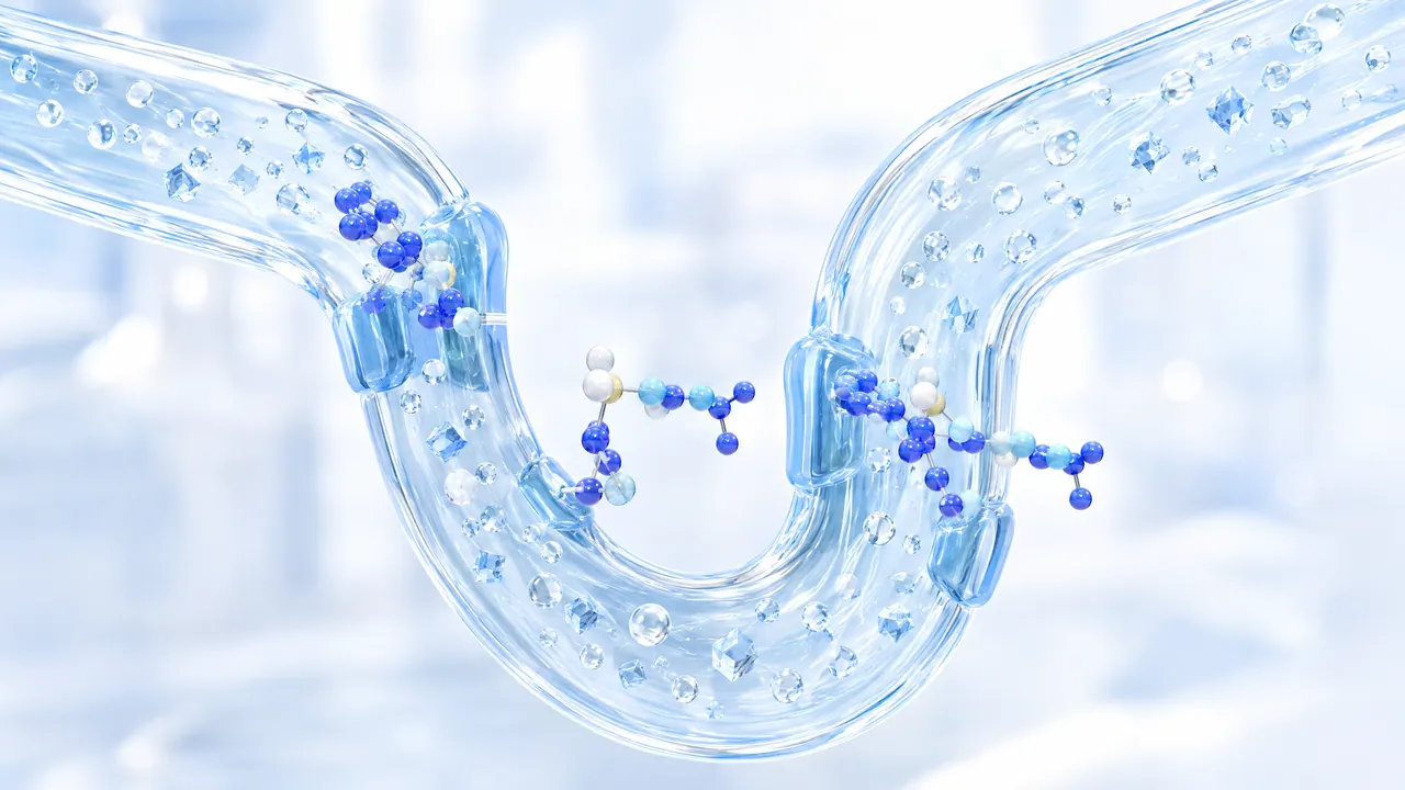 U-shaped glass tube like a kidney tubule with bubbles, blue molecules sit at two narrow points