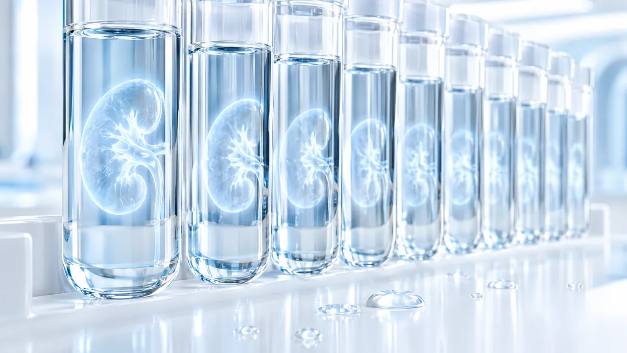 Row of glass test tubes with water, the image of a kidney glows in each