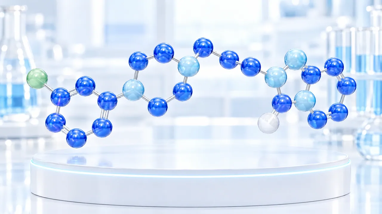Elongated blue 3D molecule model of several rings with one green and one white atom above a white podium with a glowing rim in a bright lab, symbolic image for trazodone