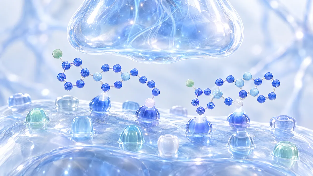 Close-up of a glass nerve cell junction, dome-shaped receptors sit on the lower membrane with blue molecule chains docking onto them