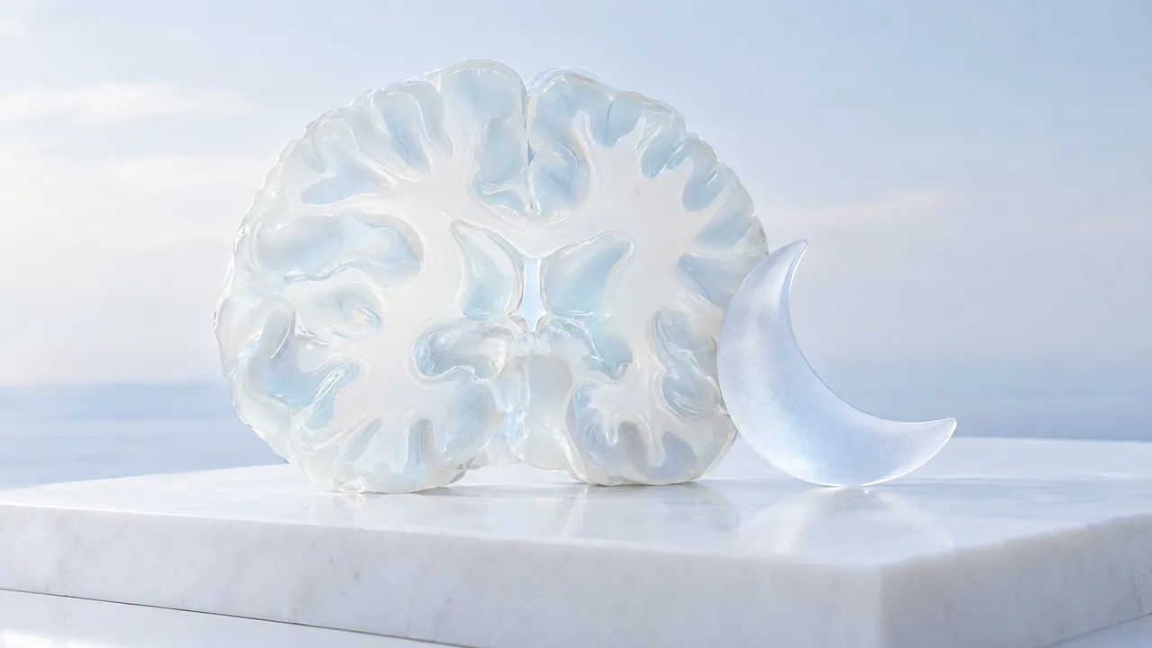 Milky glass slice of a brain cross-section on a white marble slab, a frosted glass crescent moon beside it against a pale evening sky