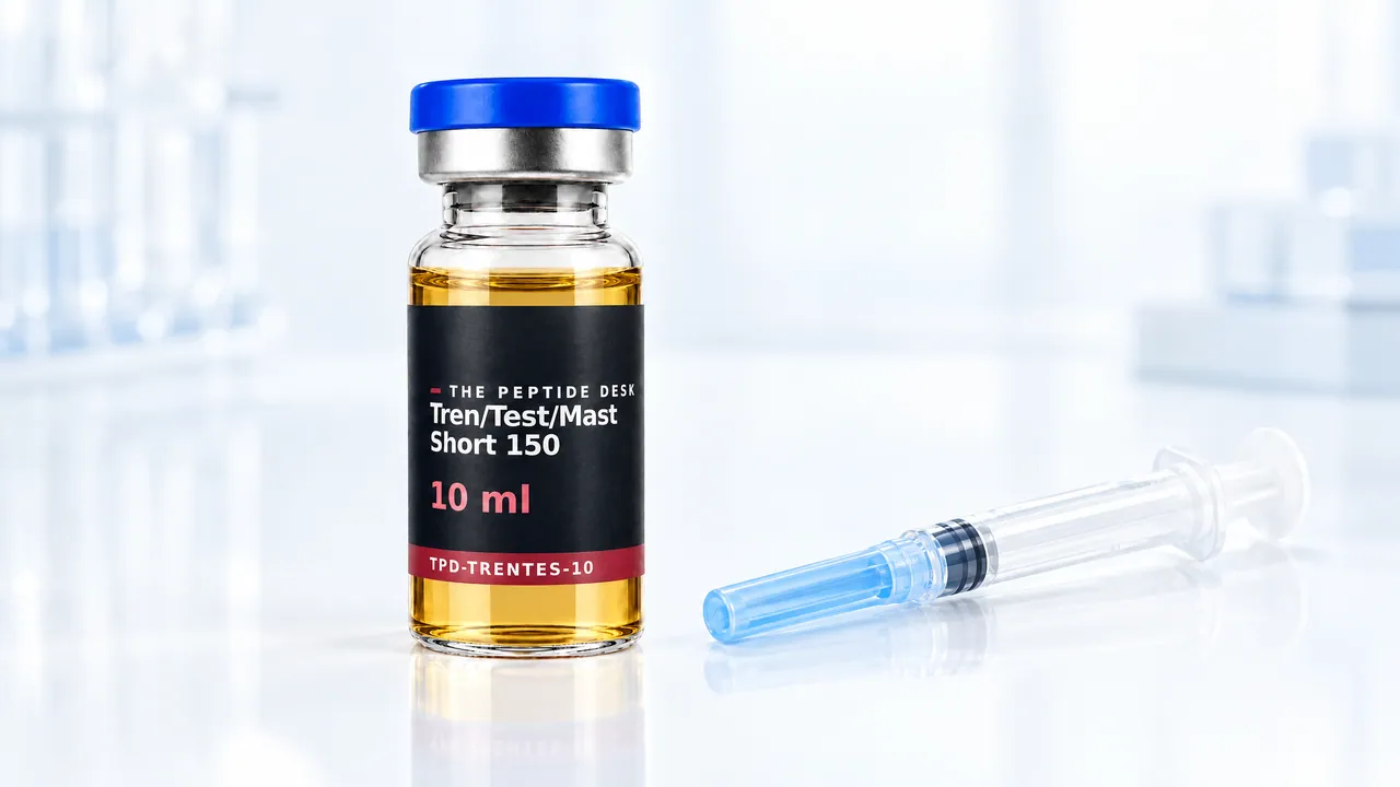 Glass vial with golden oil and a black TPD label, a disposable syringe in front, symbolic image
