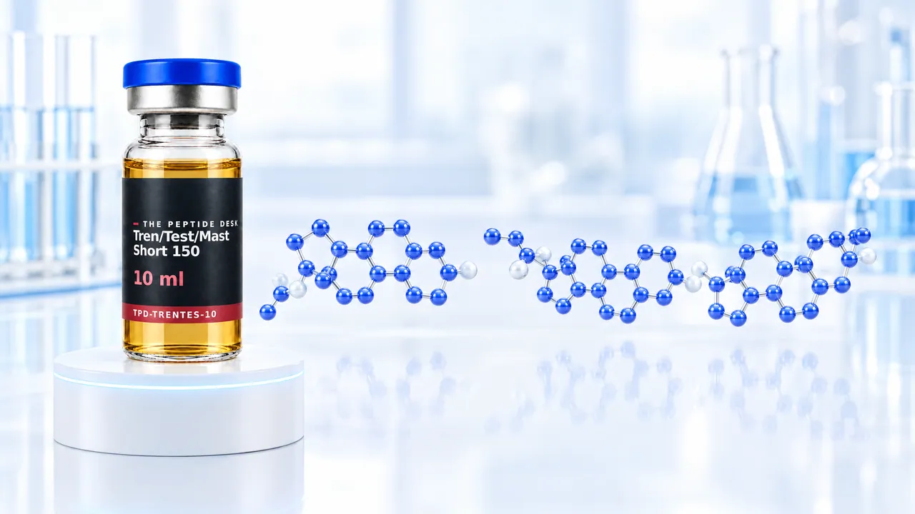 Glass vial with golden oil and a black TPD label next to three connected blue 3D steroid molecules, symbolic image for Tren/Test/Mast Short 150