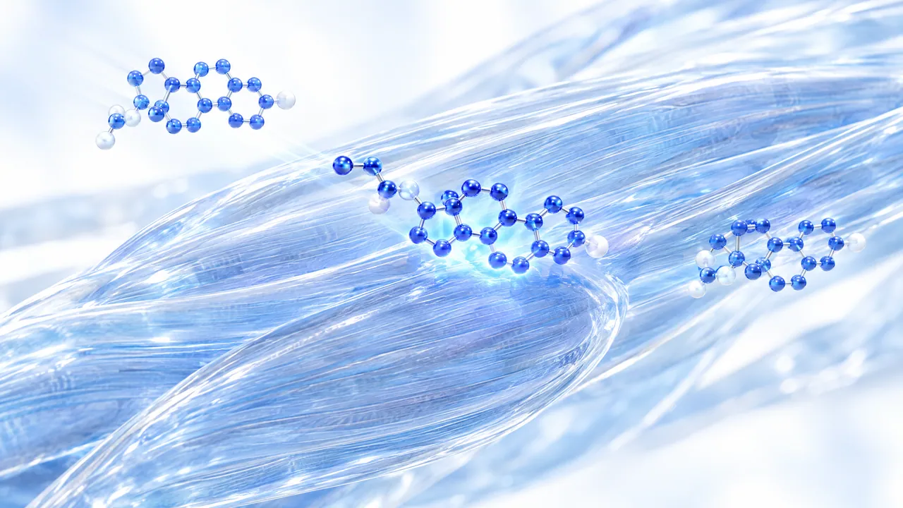 Three blue 3D molecules dock onto bright, blue shimmering fibres, symbolic image