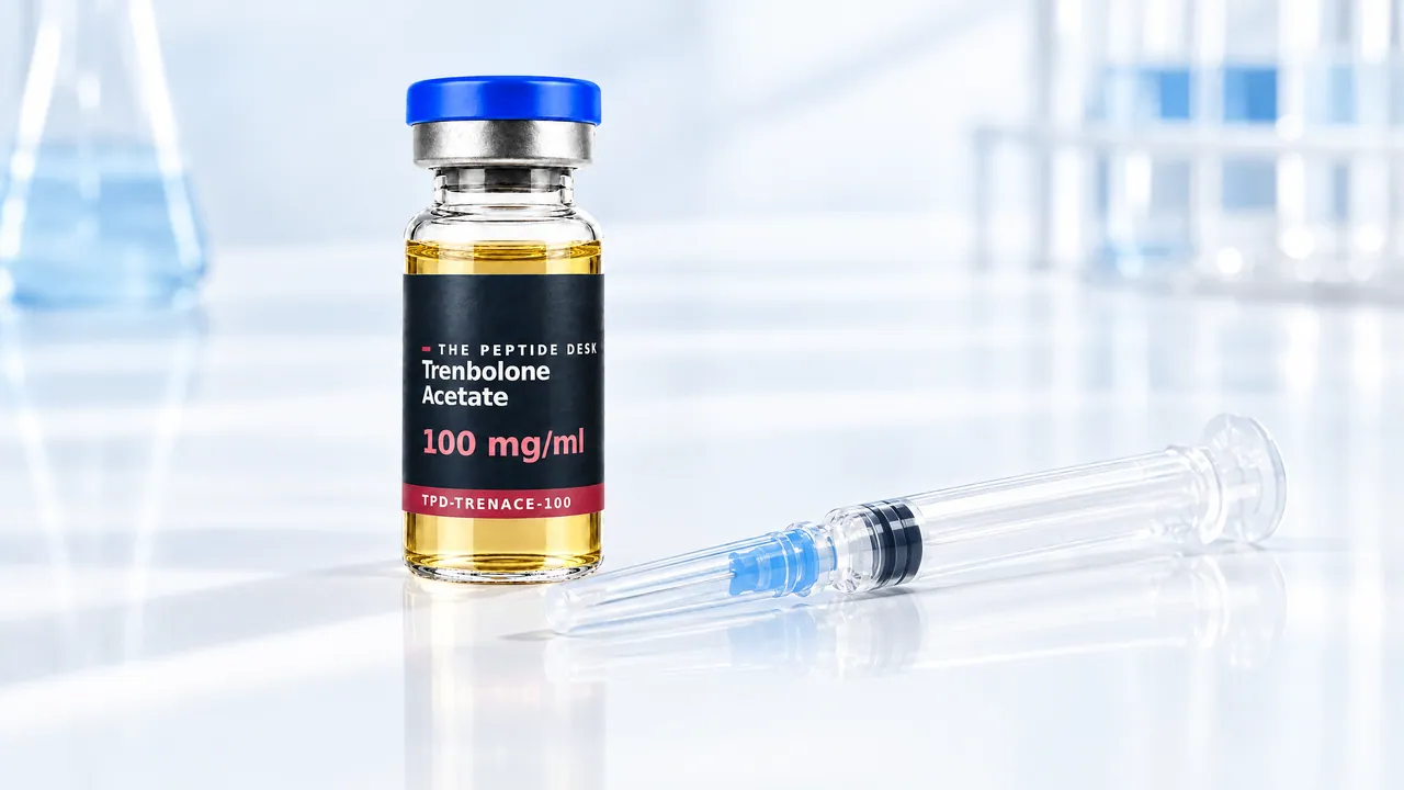 Glass vial with golden oil and a black TPD label, a disposable syringe in front on a white surface