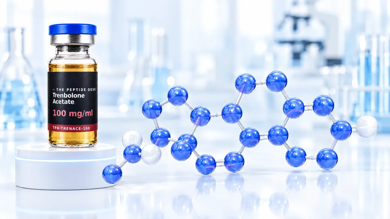 Glass vial with golden oil and a black TPD label on a white podium, next to it a large blue 3D steroid molecule in a bright lab