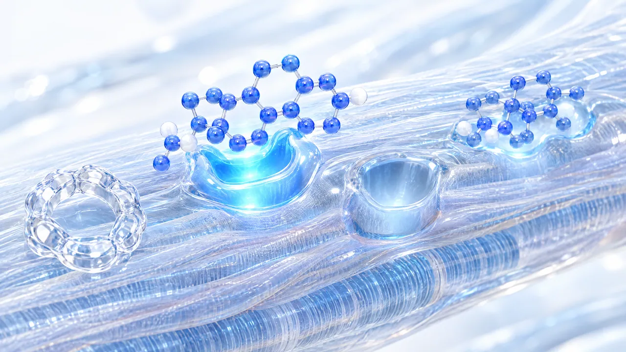 Blue 3D molecule sits snugly in a glowing blue hollow on bright fibres, next to empty transparent rings and hollows