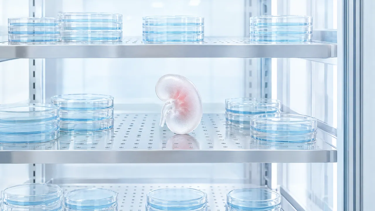 Translucent kidney model on a metal shelf between stacked petri dishes in a lab fridge