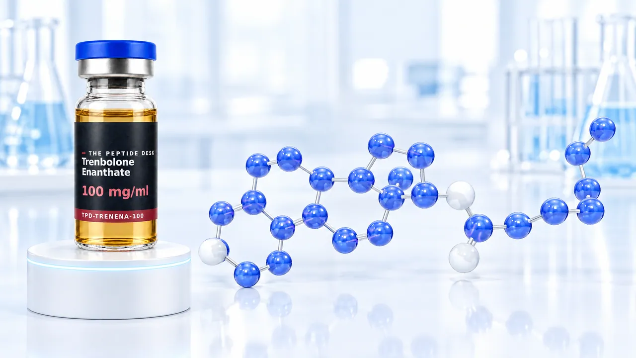 Glass vial with golden oil and a black TPD label on a white podium, next to it a glossy blue 3D molecule with a long ester chain in a bright lab, symbolic image for Trenbolone Enanthate