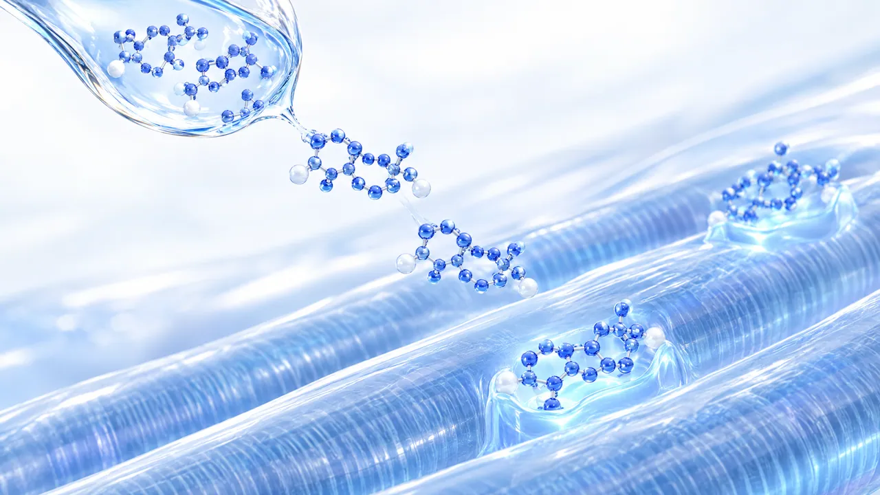 A glass droplet releases blue 3D molecules that dock into hollows of glassy fibres