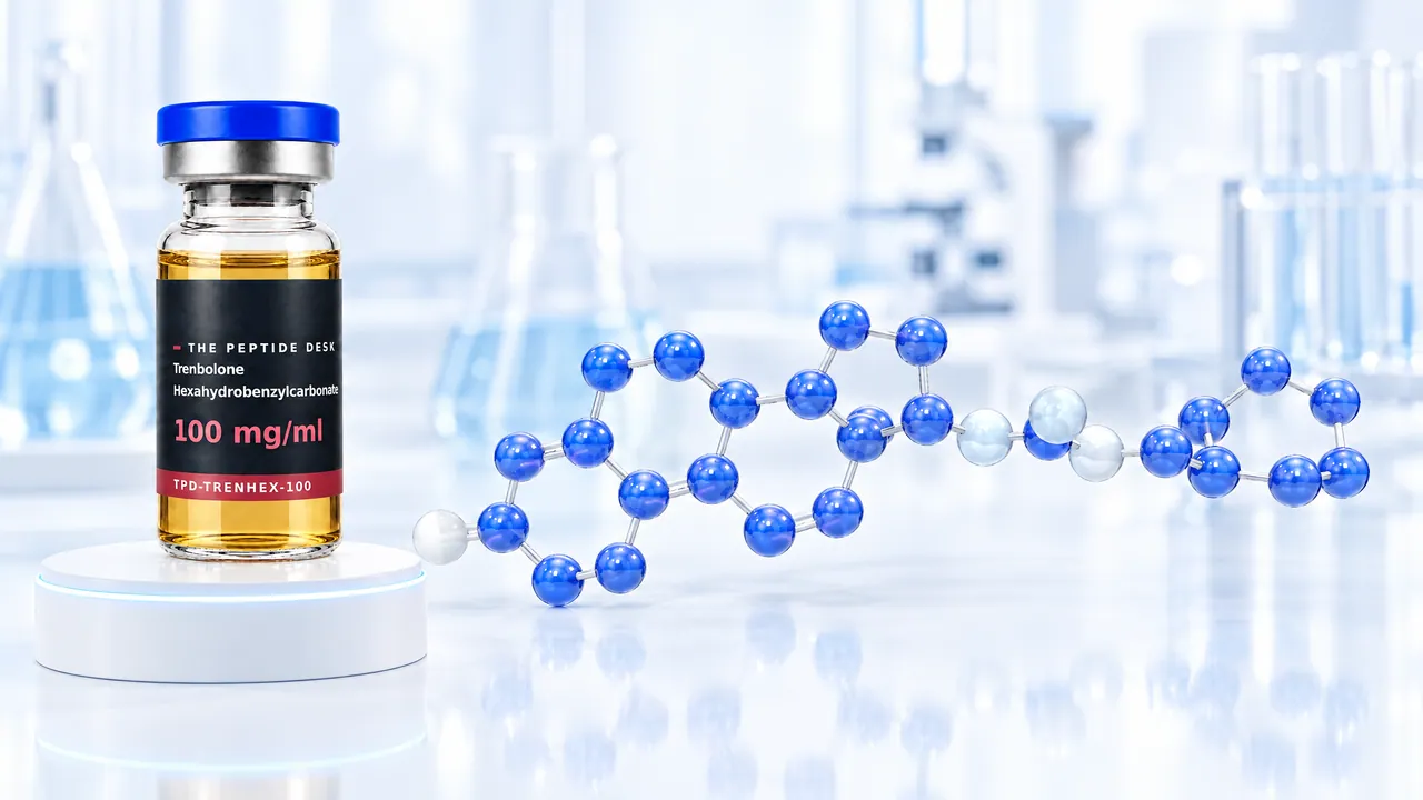 Glass vial with golden oil and a black TPD label on a white podium, next to it a long glossy blue 3D molecule with a ring at the end in a bright lab, symbolic image for Tren Hex